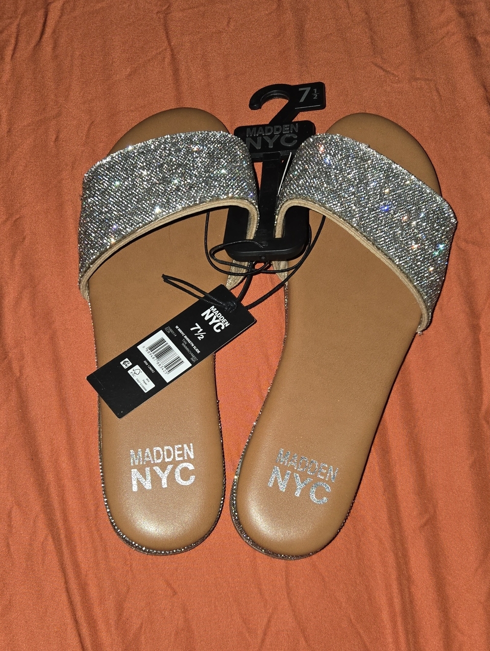 MADDEN NYC Women's Glitter Slide Sandals in Silver